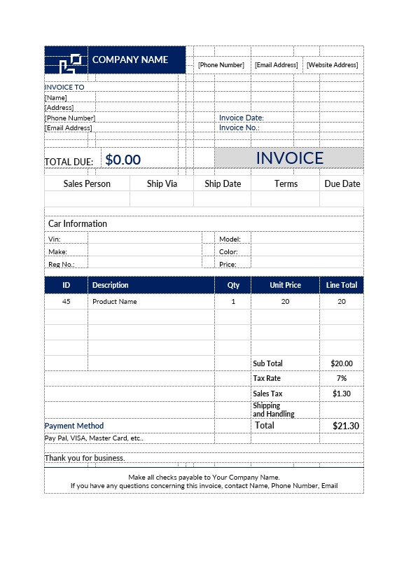 Car Sales Invoice Template PSD template